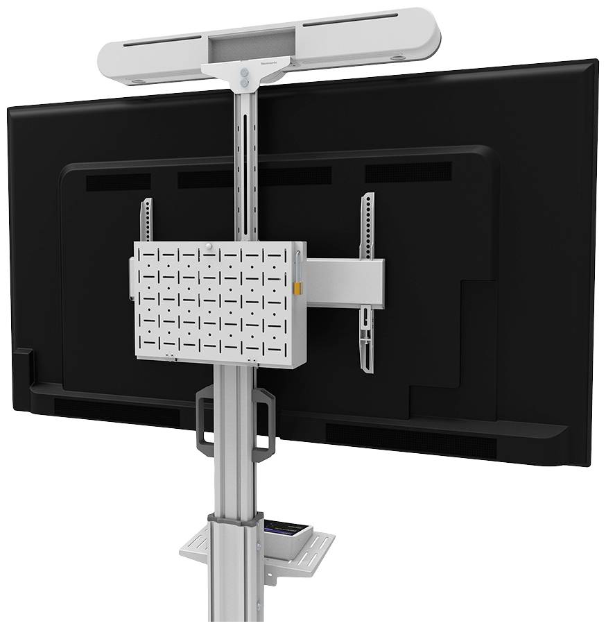 Een monitorsteun die een groot scherm van achteren toont, gemonteerd op een in hoogte verstelbare standaard.