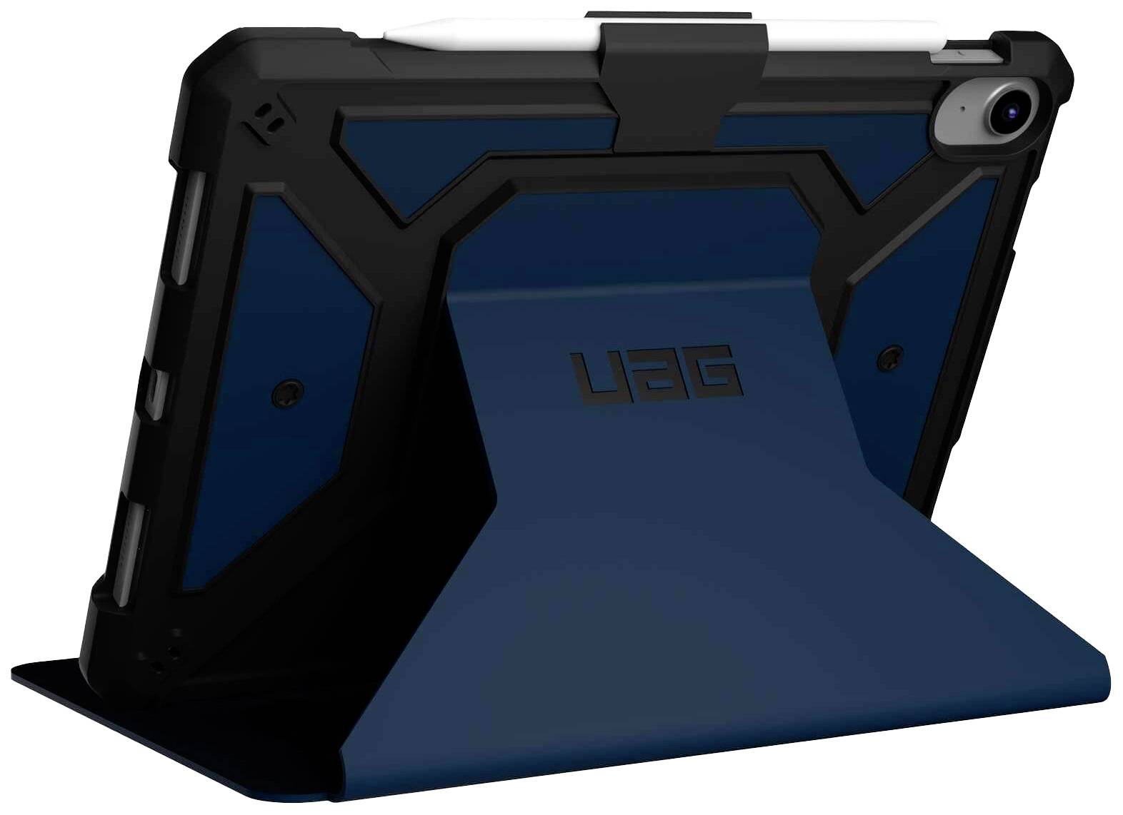 Beschermhoes voor een tablet, geplaatst in een opvouwbare standaard. De hoes is stevig en heeft een anti-slip oppervlak met versterkte hoeken.