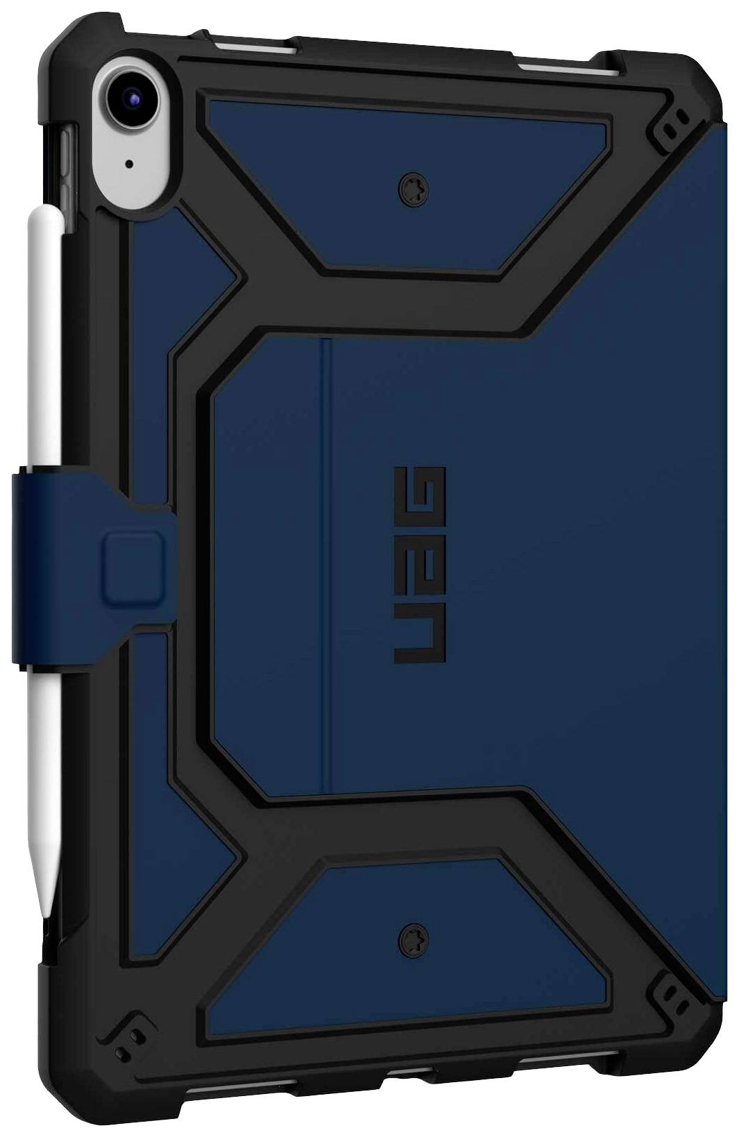 Beschermhoes voor een tablet met robuust ontwerp. Donkerblauw met zwarte accenten, geïntegreerde penhouder aan de zijkant.