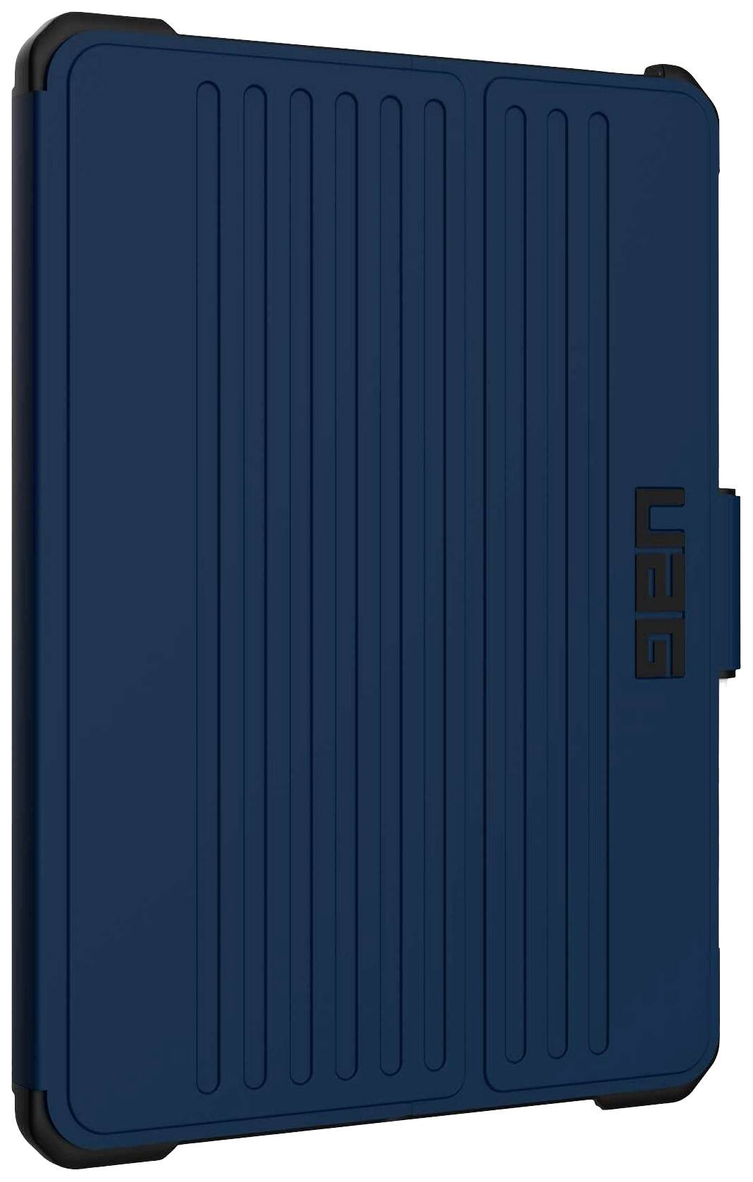 Een blauw tablet-folio met gestructureerde verticale lijnen en een zijdelingse sluiting.