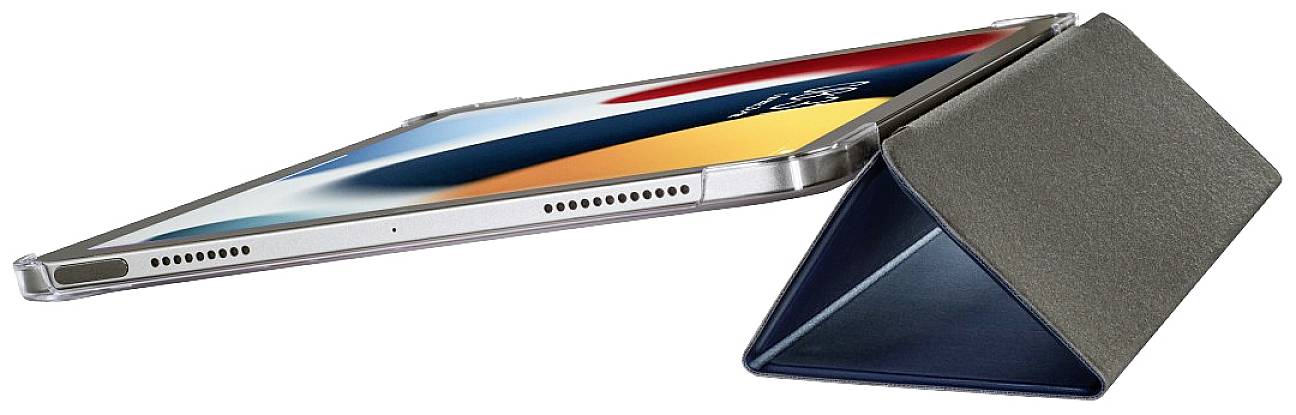 Tablet staand in een gevouwen hoes, scherm toont kleurrijke patronen.