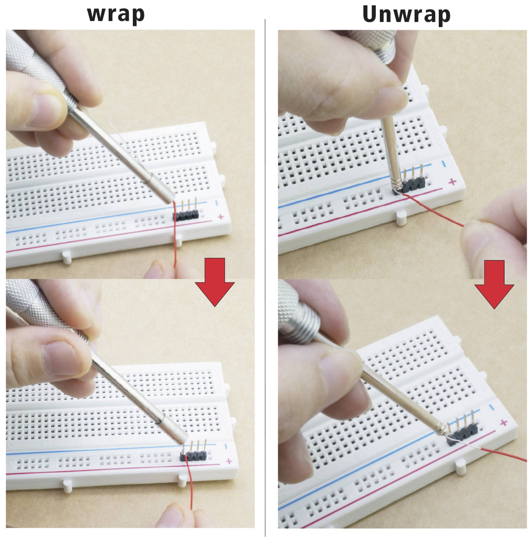 'Drie afbeeldingen tonen een hand die een draad om uitstekende pinnen op een prikbord wikkel (links) en afwikkelt (rechts).'