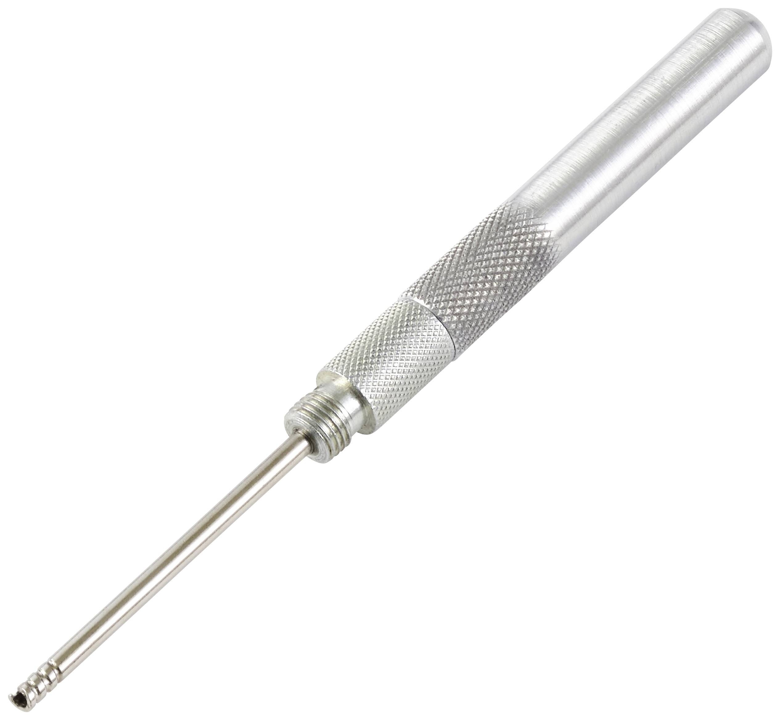 Een zilverkleurig, cilindrisch metalen gereedschap met een gegroefde handgreep, dat waarschijnlijk wordt gebruikt voor precisietechnische werkzaamheden.