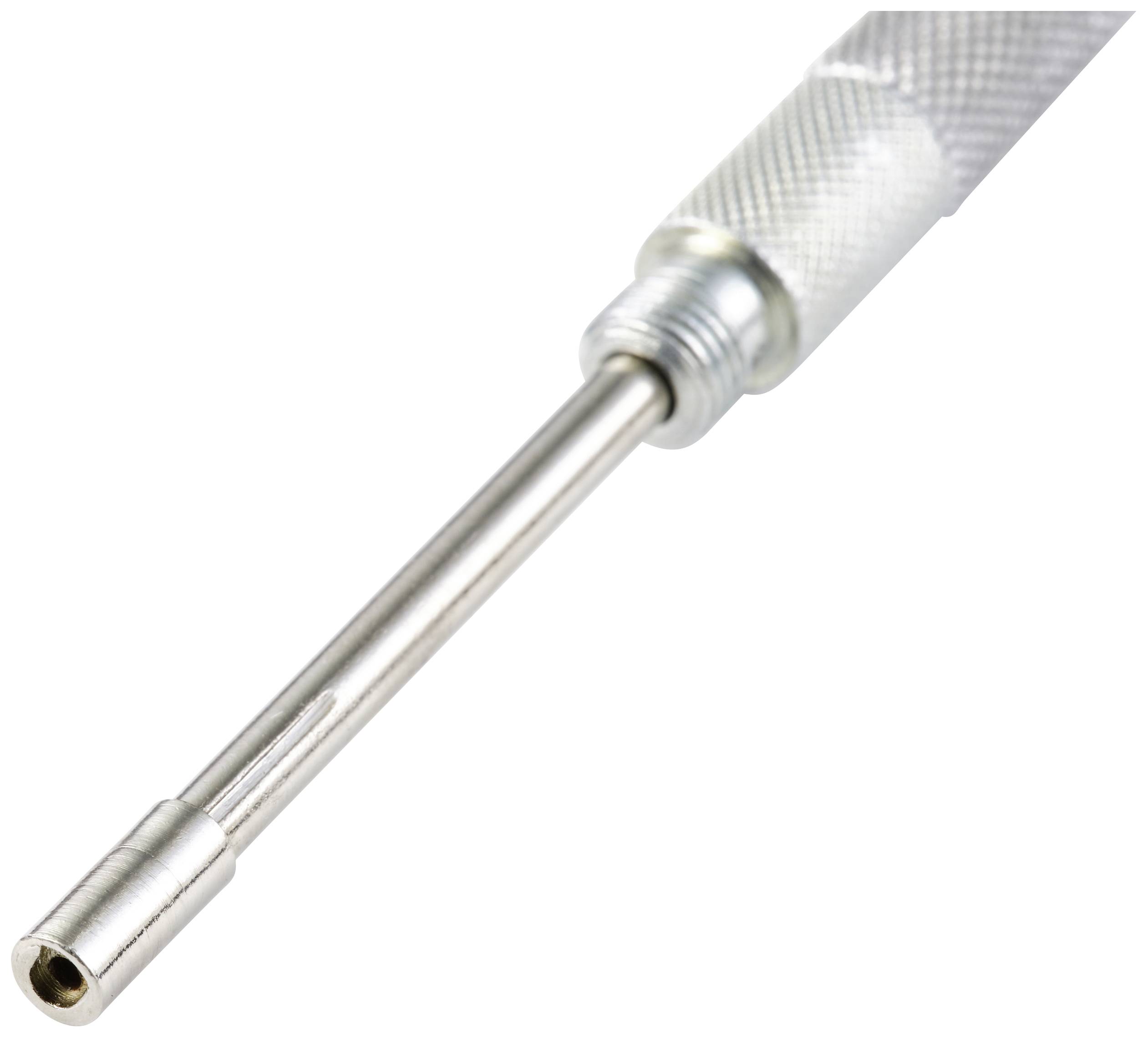 Een zilveren schroevendraaier met gegroefde handgreep en verwisselbare punt. Geschikt voor precisiewerk in de fijnmechanica.