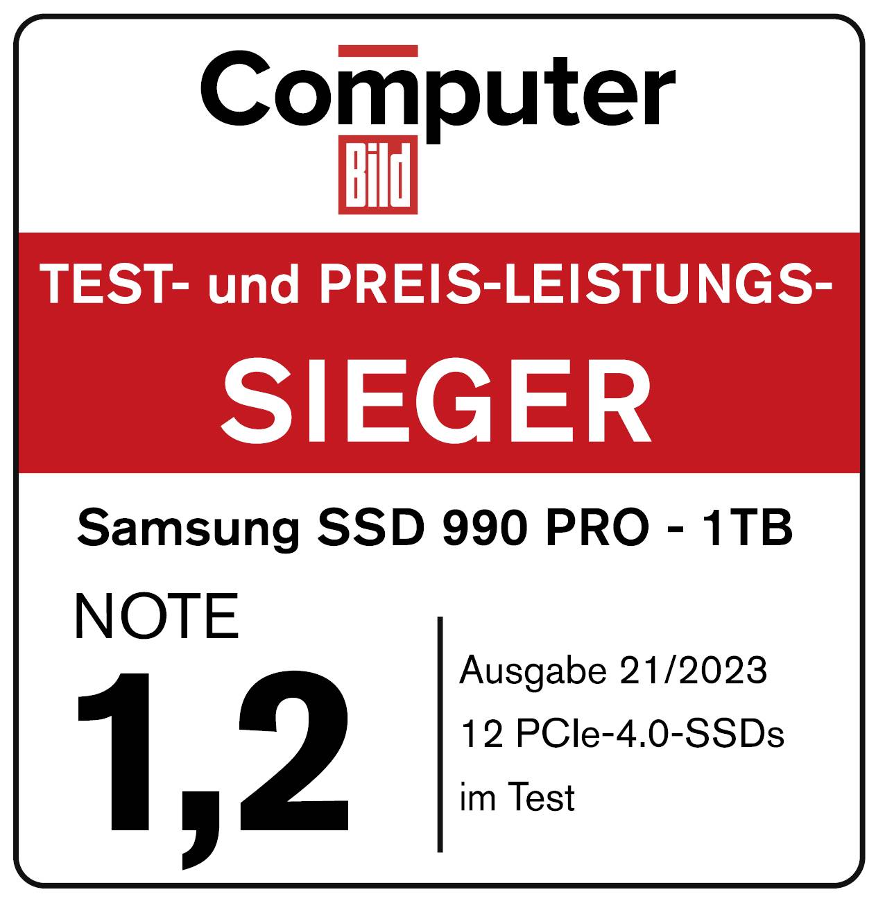 'Computer Bild' bekroont de Samsung SSD 990 PRO - 1TB als winnaar in test en prijs-prestatie. Cijfer: 1,2. Editie 21/2023.