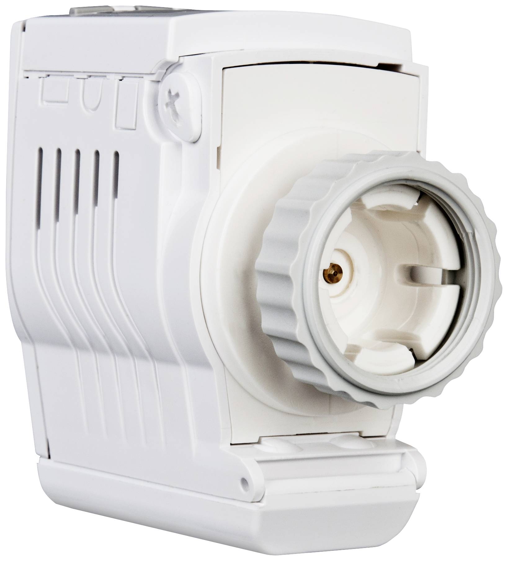 Een witte mechanische tijdschakelklok met een grijze draaiknop, voor het instellen van aan- en uittijden van elektrische apparaten.
