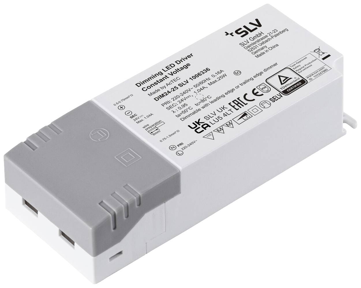 LED-driver in rechthoekige behuizing met opschrift 'Dimming LED Driver Constant Voltage'. Bevat technische specificaties en symbolen.