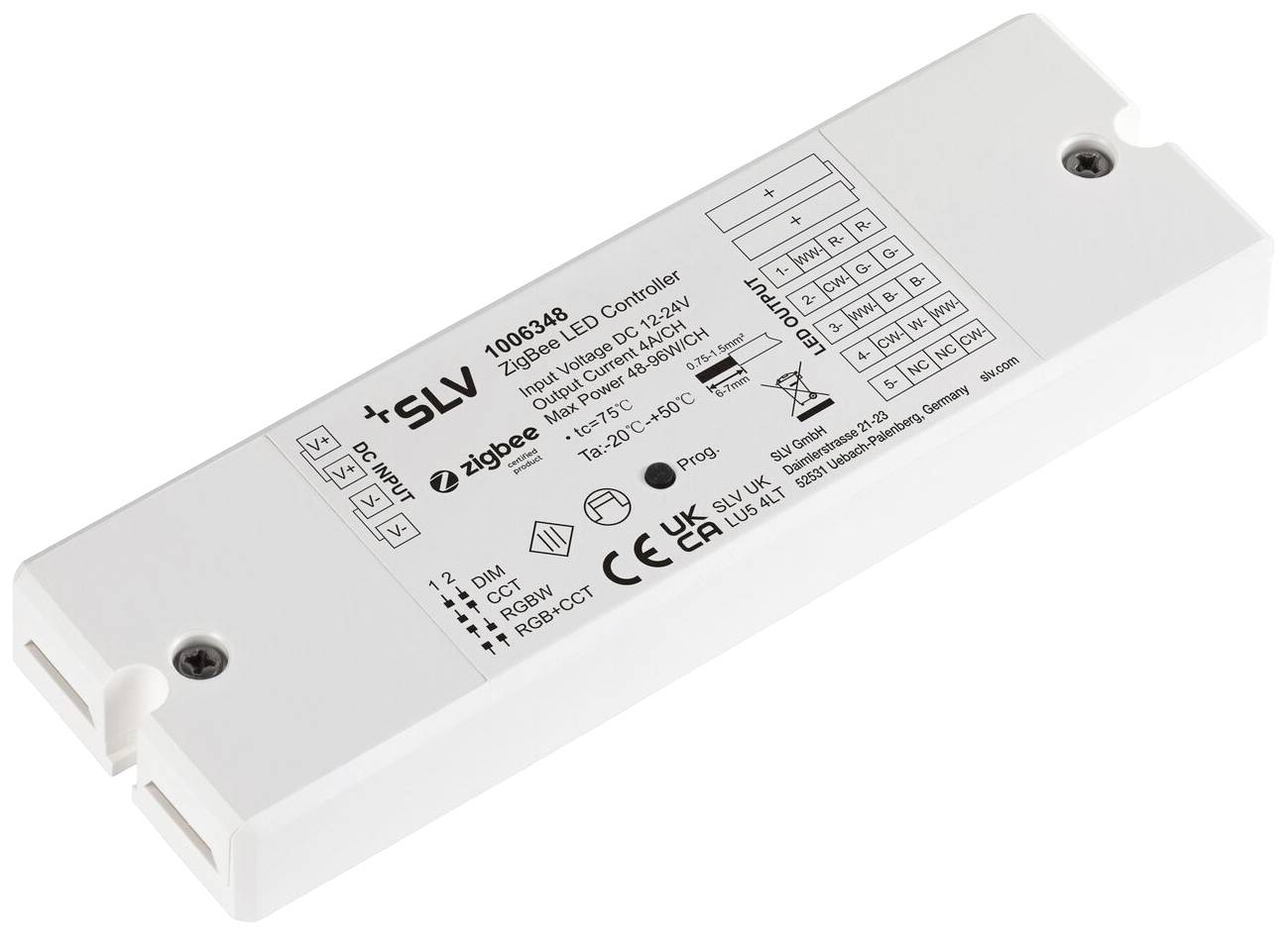 Een rechthoekige LED-controller met meerdere aansluitingen. Opdruk bevat technische specificaties en certificeringslogo's.