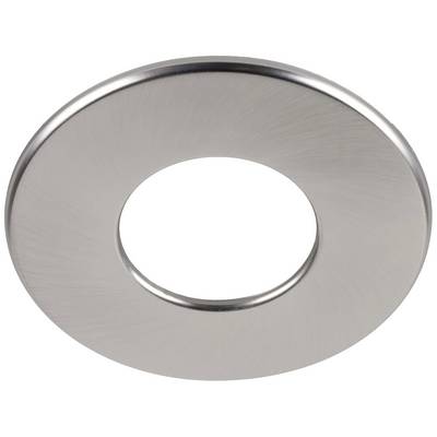 Een ronde, zilveren metalen ring met een opening in het midden, mogelijk onderdeel van een montagessysteem of afdekking.