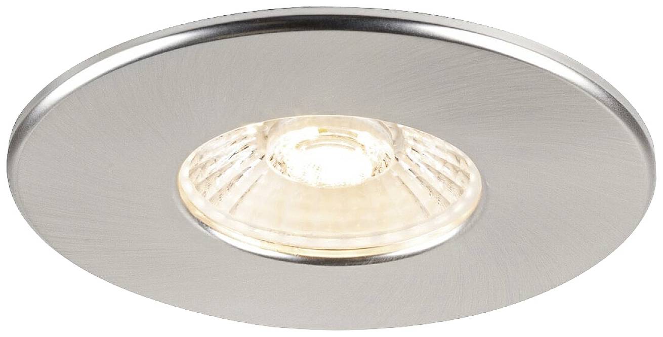Inbouwspot met een ronde, zilveren metalen behuizing en een zichtbare LED-lichtbron in het midden.