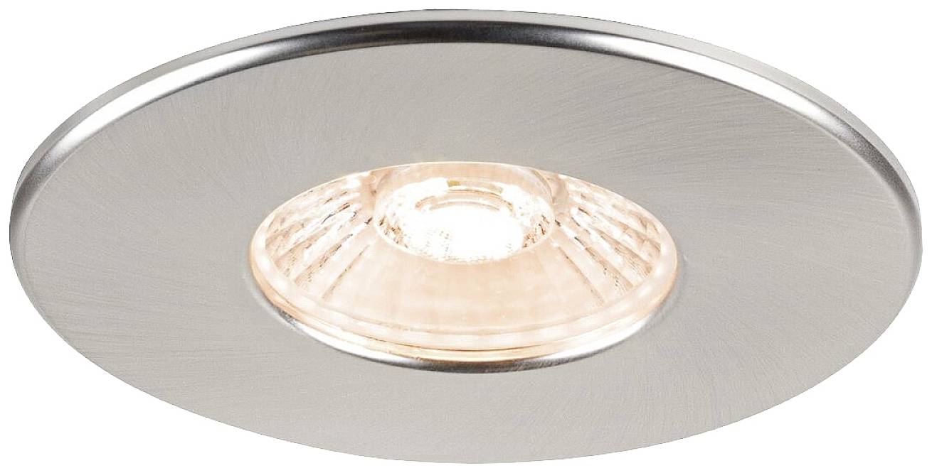 Inbouw-LED-lamp met zilveren rand, geeft warmwit licht. Geschikt voor moderne plafondinstallaties.