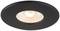 Een ronde, zwarte inbouwspot met zichtbaar, verlichtend LED-licht in het midden. De spot is geschikt voor montage aan het plafond.