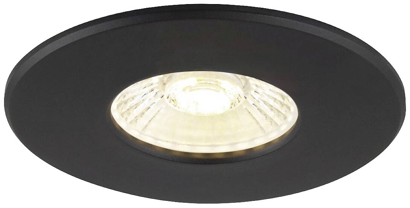 Zwarte inbouwplafondlamp met ronde vorm en centrale, verlichtende LED-lamp.