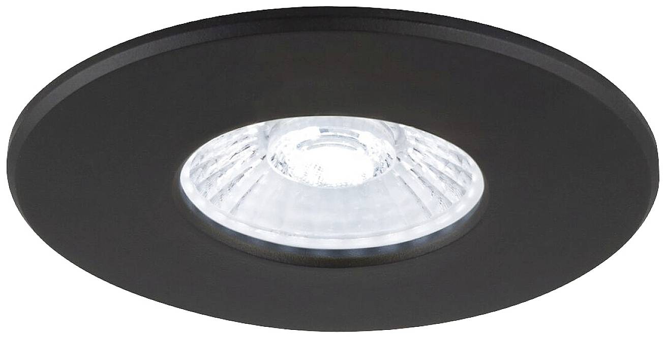 Zwarte inbouwlamp voor het plafond met rond frame en centraal LED-licht.