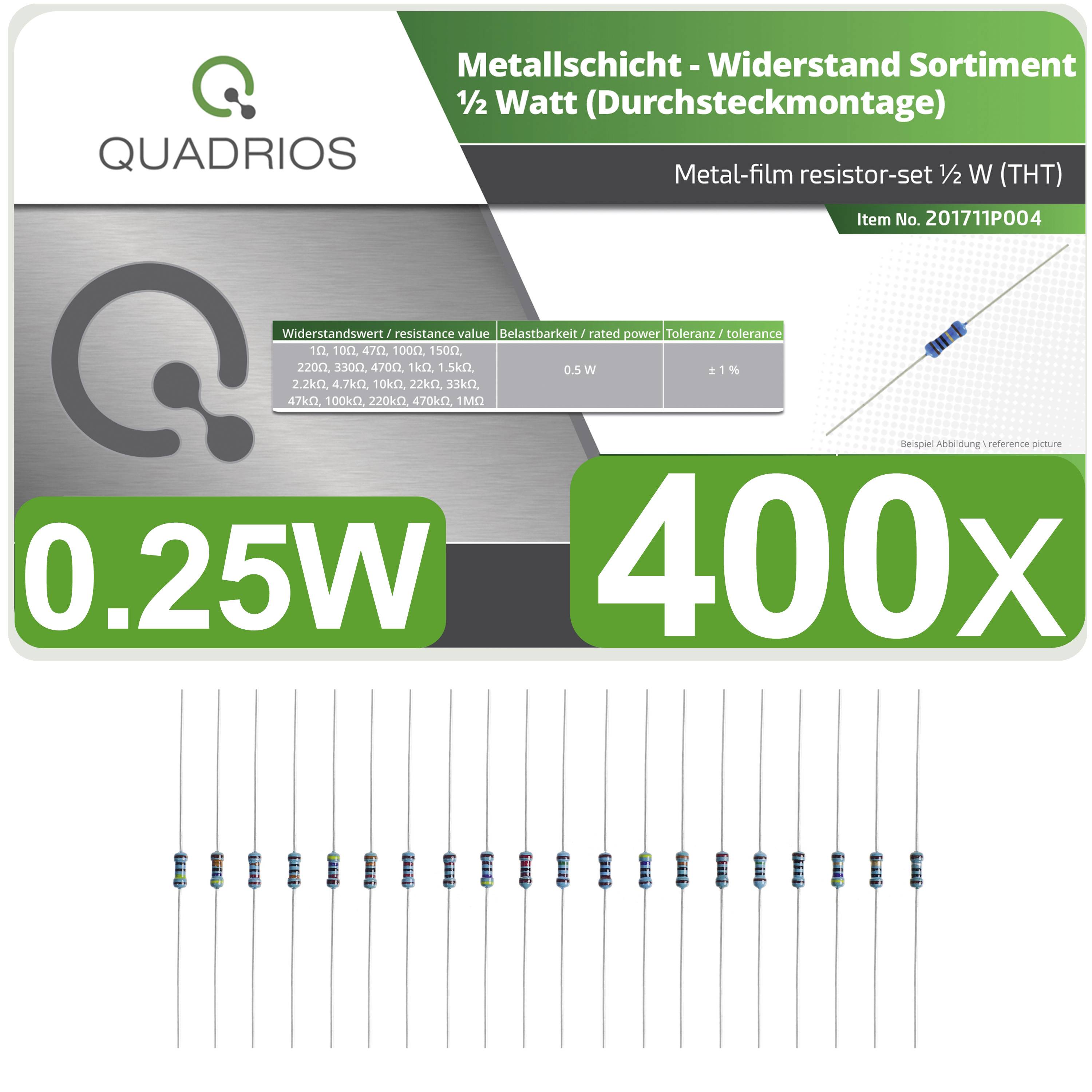 'Productverpakking van Quadrios: Metaallaagweerstand Assortiment ½ Watt (Doorsteekmontage), 400 stuks, 0,25W. Artikelnummer 201711P004.'