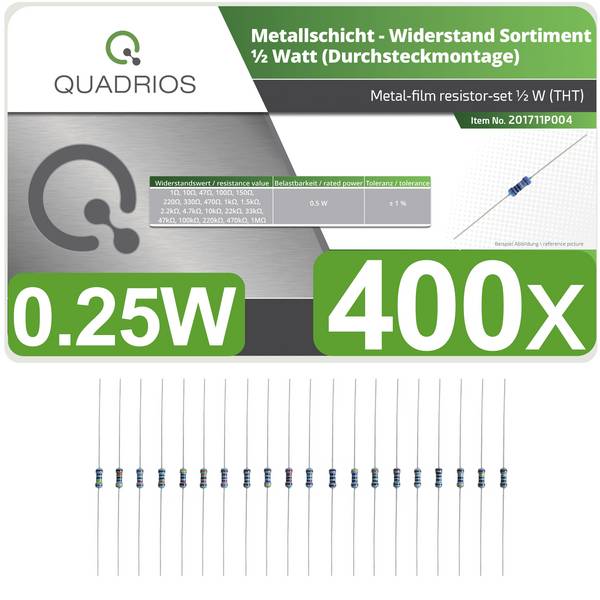 Quadrios 201711P004 201711P004 Metaalfilmweerstand assortiment Axiaal bedraad 0411 0.5 W 1 % 400 stuk(s)