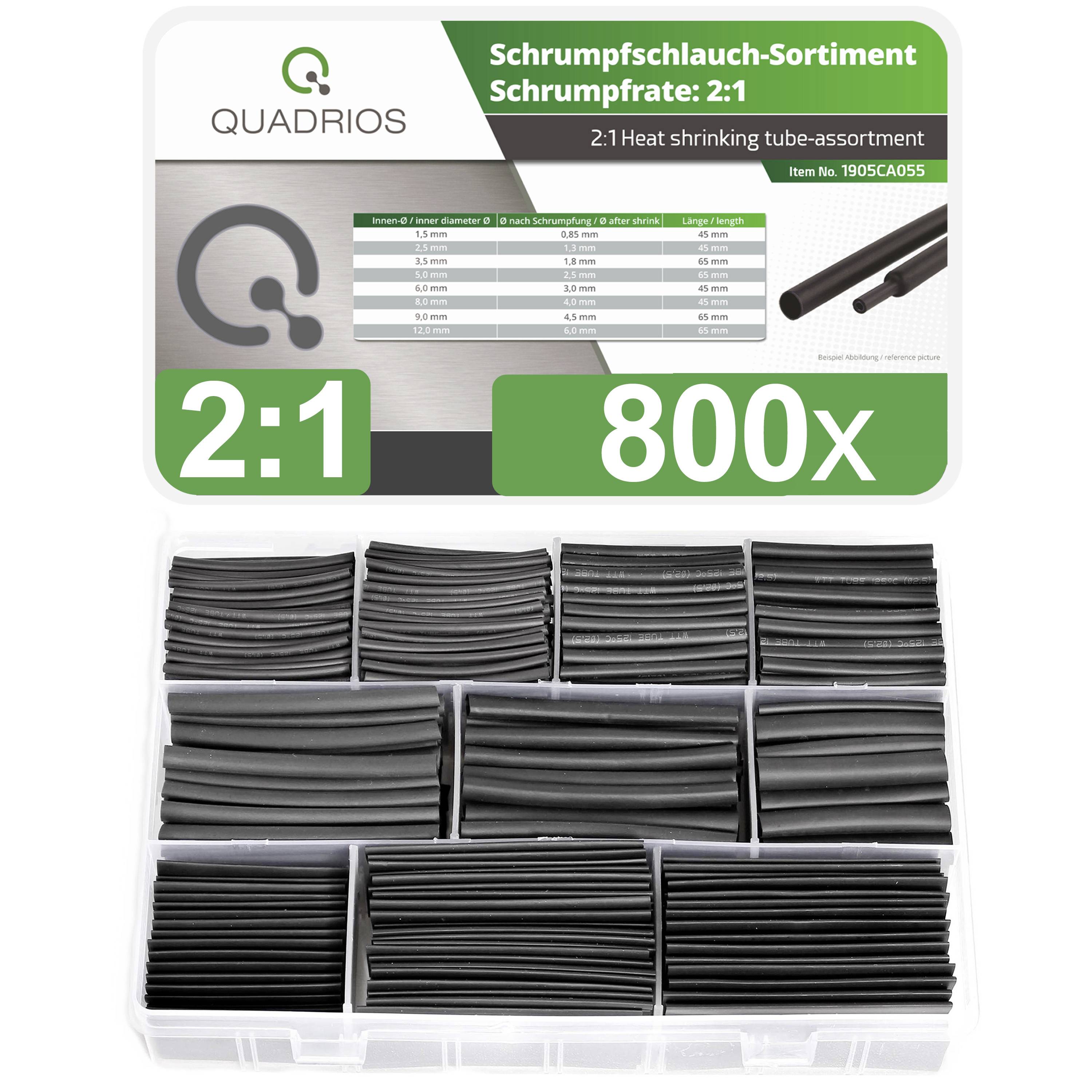 Krimphuls set 2:1, 800 stuks in verschillende maten. Bevat tabel met specificaties en afbeelding van een slang.