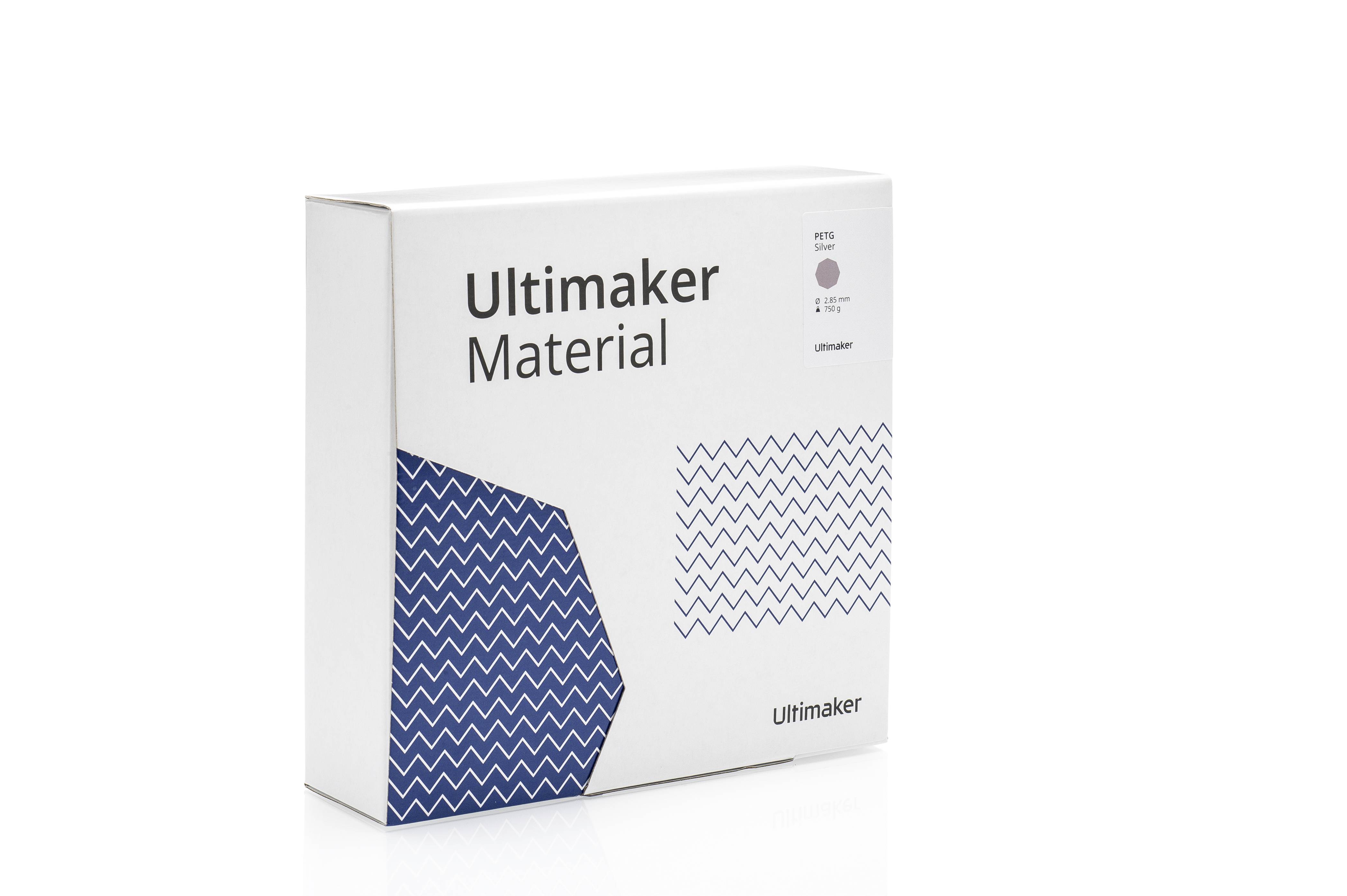 Een verpakking met de tekst 'Ultimaker Material' toont een blauw zigzagpatroon links.