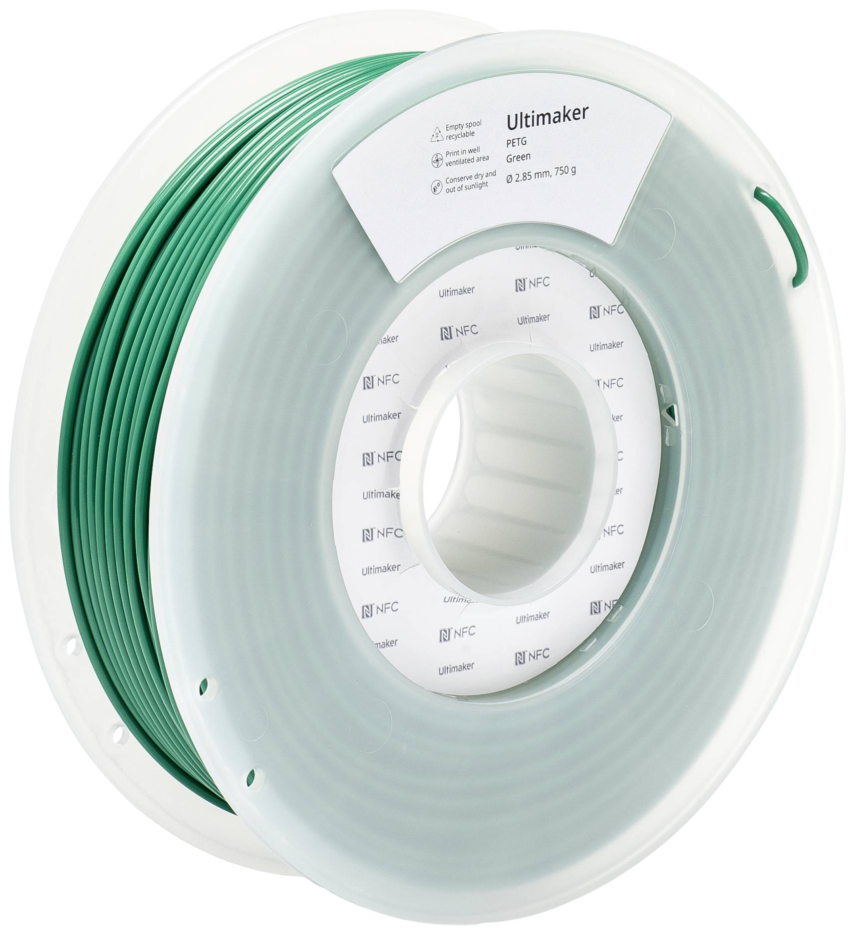 Een spoel met groen filament voor 3D-printers van Ultimaker. Op het etiket staan specificaties van het materiaal en de naam van de fabrikant.
