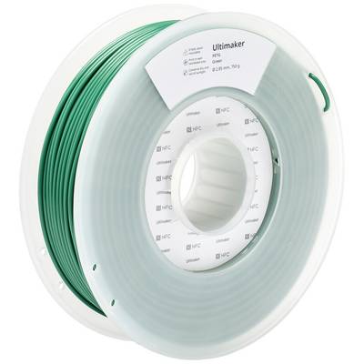 Een spoel met groen filament voor 3D-printers van Ultimaker. Op het etiket staan specificaties van het materiaal en de naam van de fabrikant.
