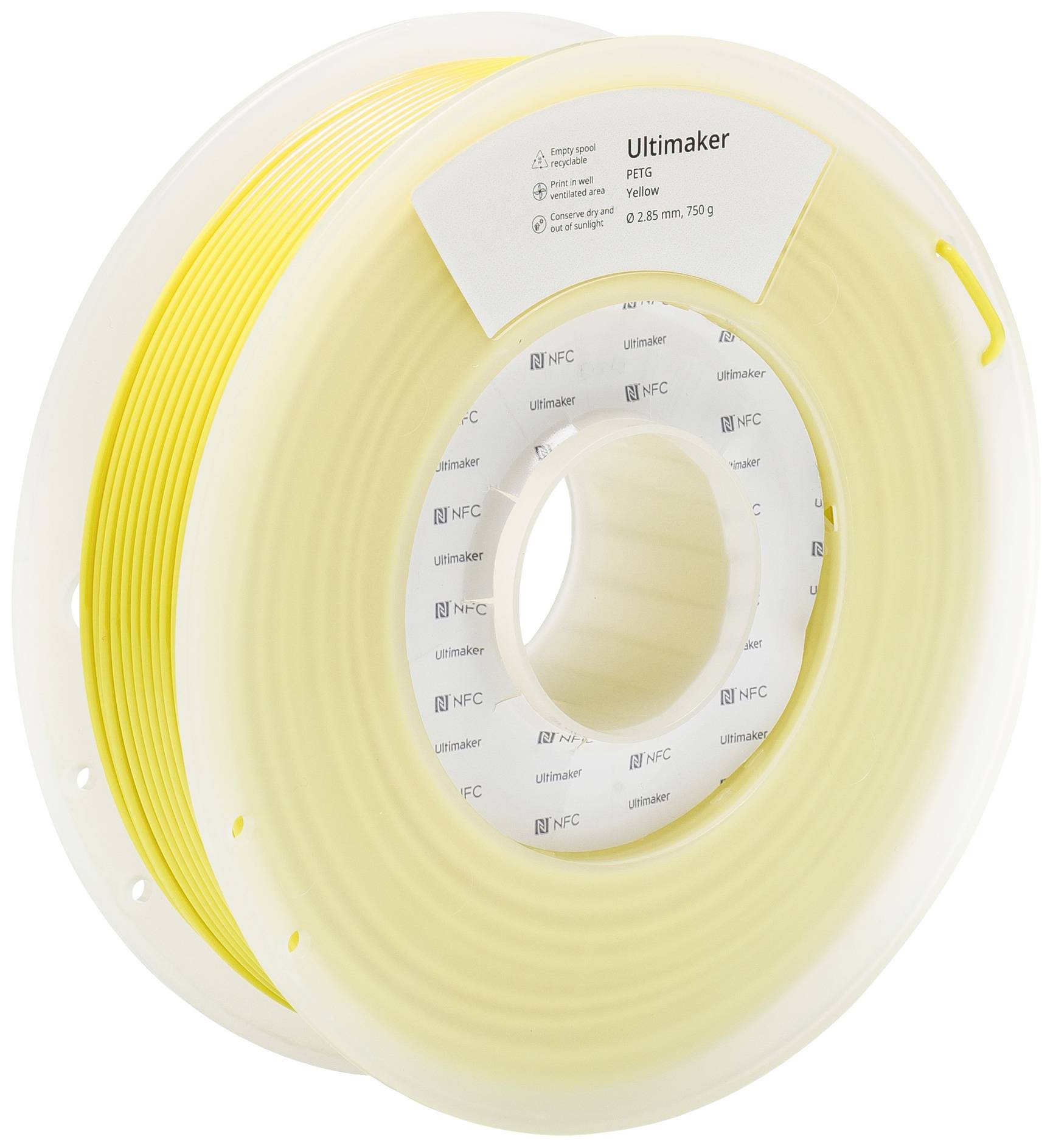 Een rol geel Ultimaker PETG-filament, 2,85 mm diameter, 750 g, in transparante kunststofverpakking, geschikt voor 3D-printen.