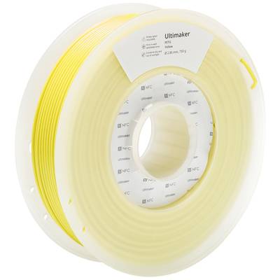 Een rol geel Ultimaker PETG-filament, 2,85 mm diameter, 750 g, in transparante kunststofverpakking, geschikt voor 3D-printen.