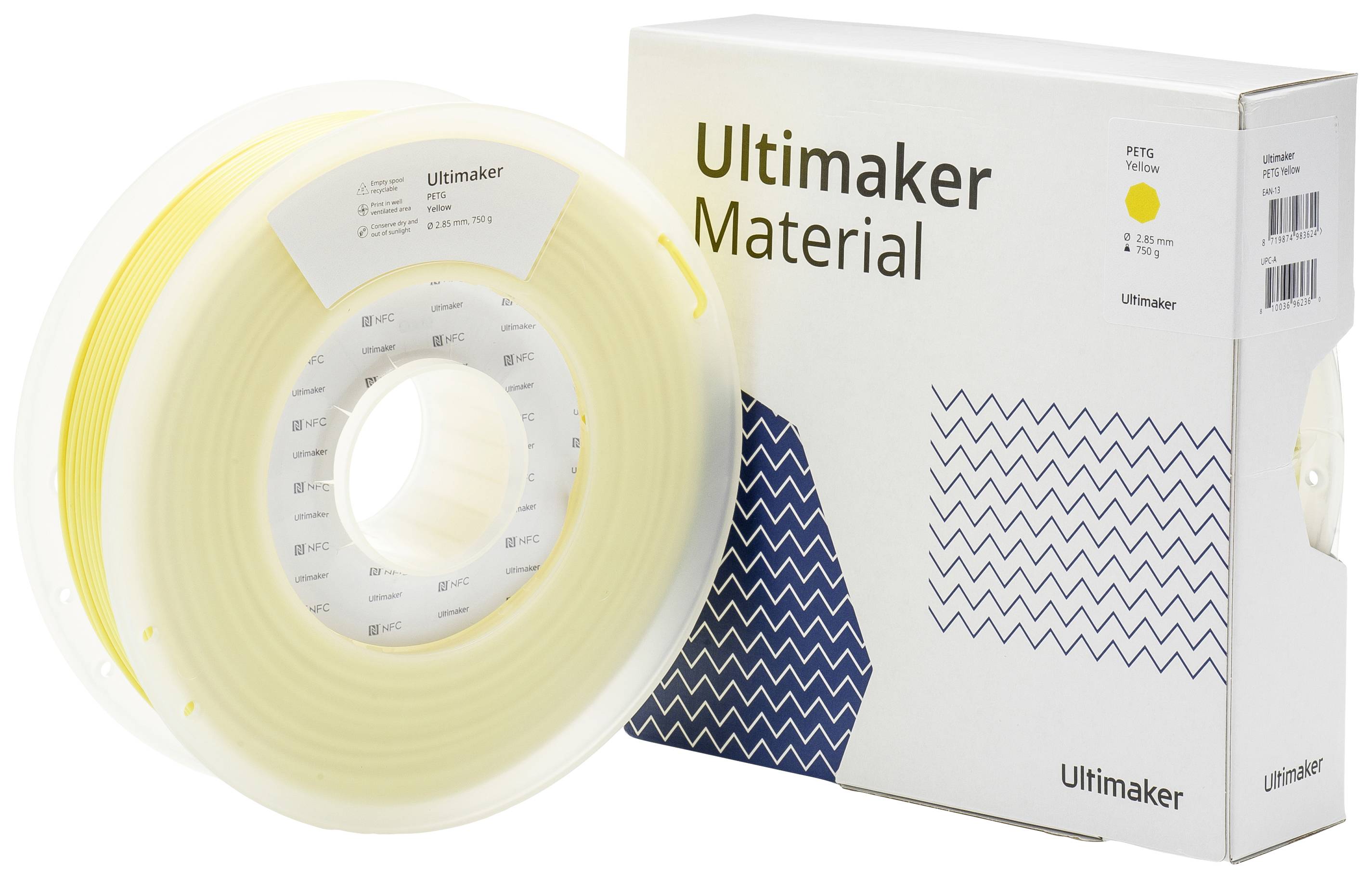 'Ultimaker Material' verpakking met geel filament op een spoel, naast een witte doos met een blauw patroon en bedrijfslogo.