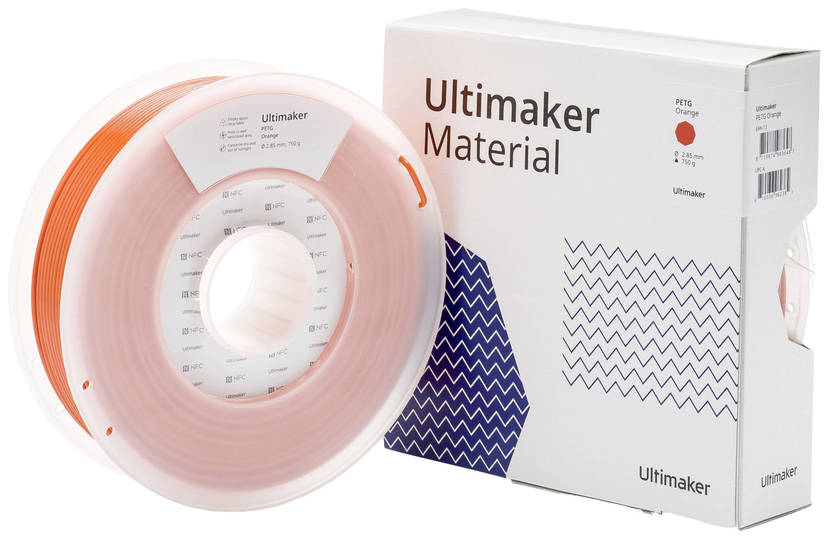 Spoel met oranje 3D-printfilament en verpakking van 'Ultimaker Material'.