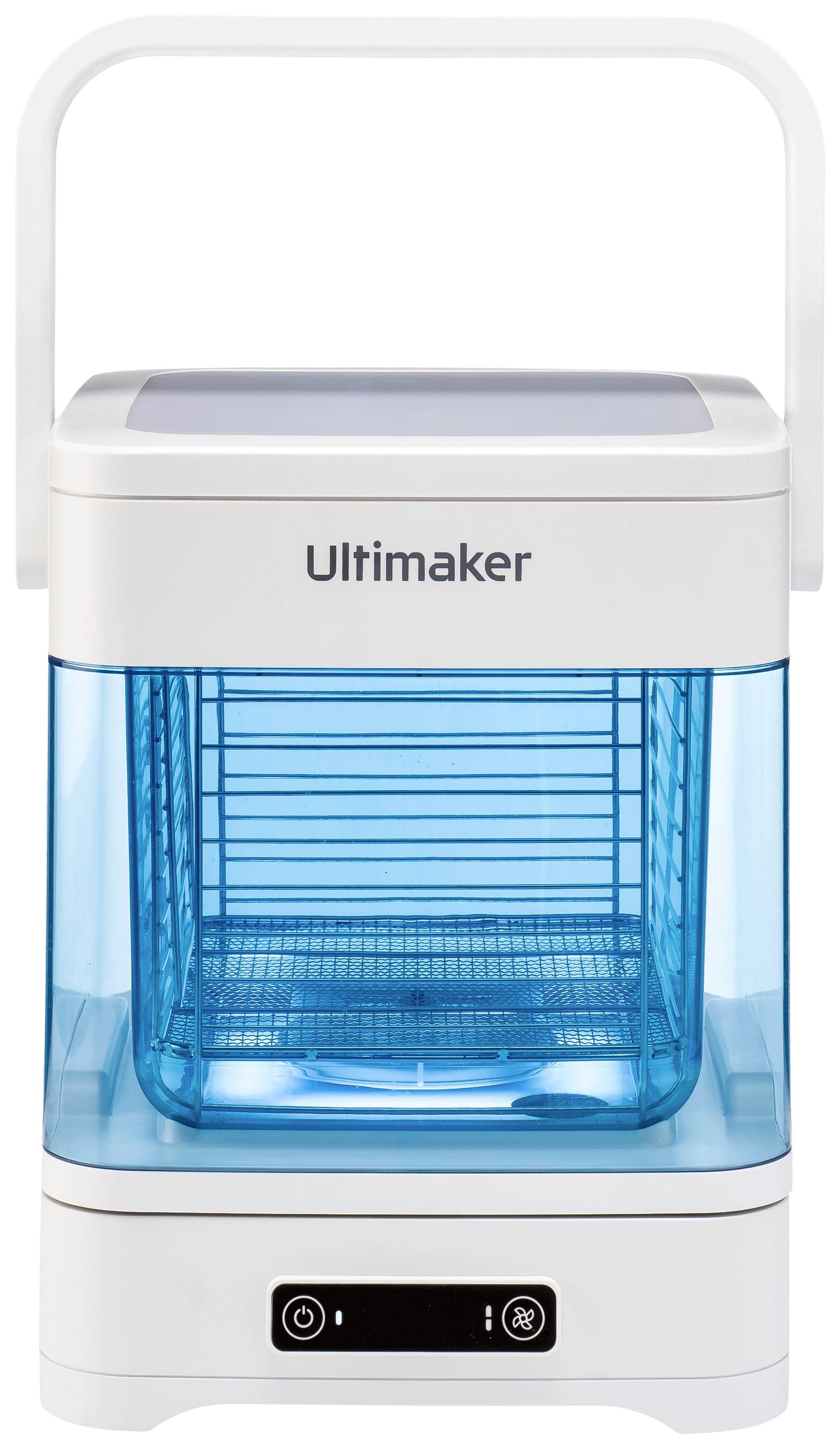 Een witte en blauwe Ultimaker 3D-printer met een transparante behuizing en een digitaal display aan de voorkant.