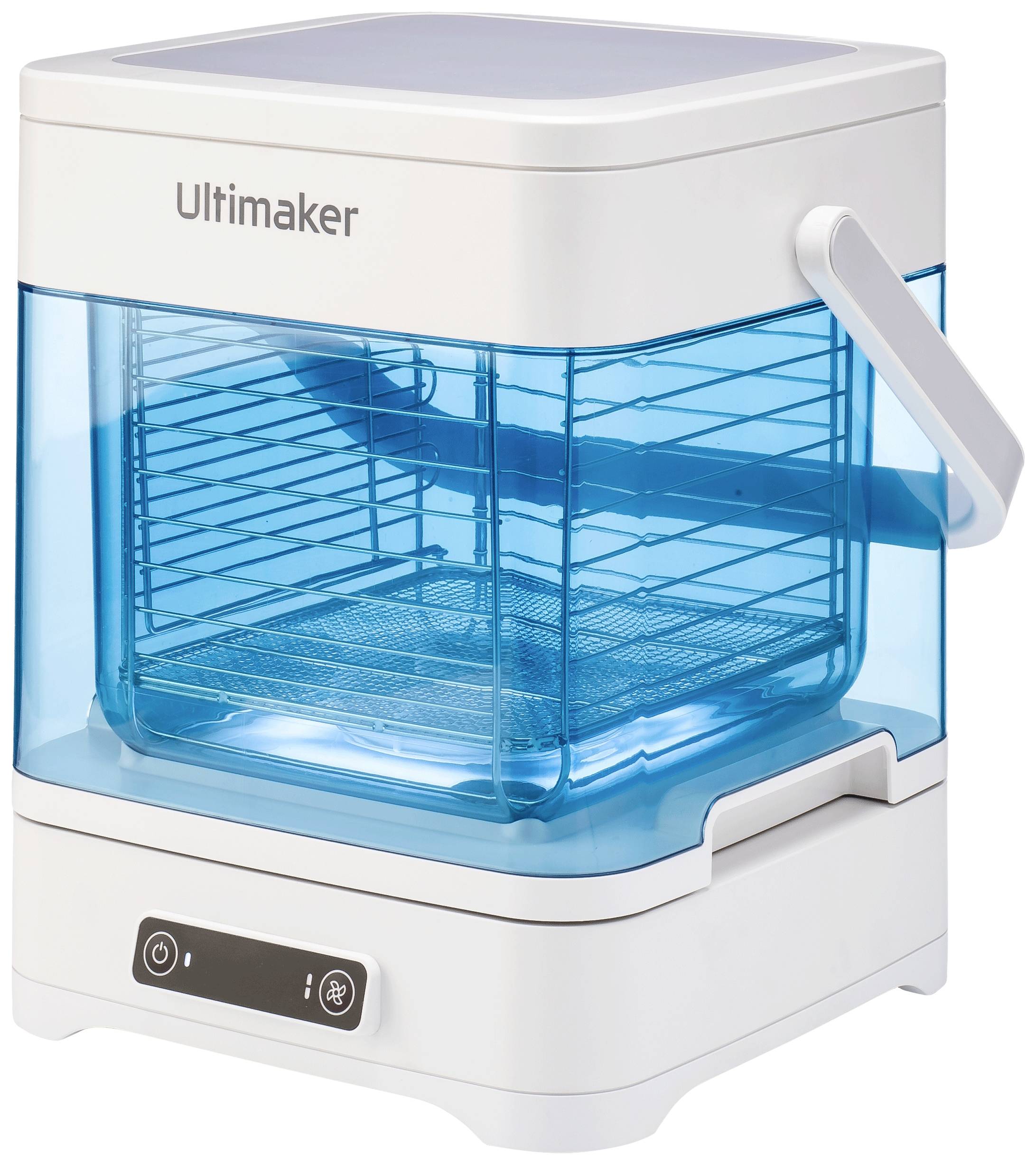 Een 3D-printer met een transparante, blauwe behuizing en wit frame, waarbij het binnenliggende frame zichtbaar is. Merknaam 'Ultimaker' bovenaan.