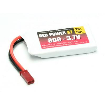 Lithium-Polymeer accu met opschrift 'RED POWER XT 800 - 3.7V', 800mAh, geschikt voor toepassingen tot 50°C, met rode stekker.