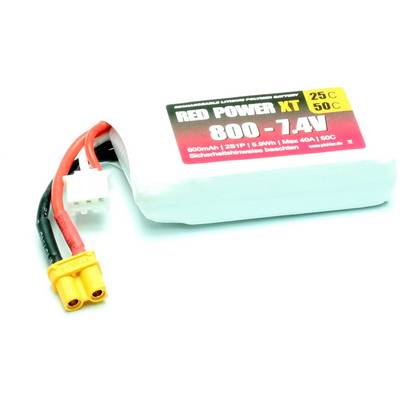 Lithium-Polymeer accu met opschrift 'RED POWER XT 800 - 7.4V'. Capaciteit 800mAh, 25C/50C, maximale ontlaadstroom 40A.