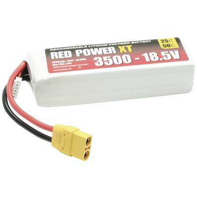 Lithium-Polymeer accu 'RED POWER XT', 3500mAh, 18,5V, 25C/50C ontlaadsnelheid. Wit behuizing met kabels en XT60-connector.