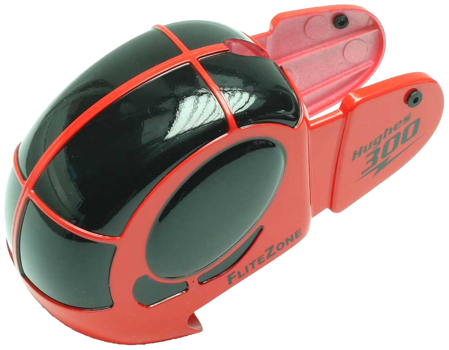 Rood en zwart helikoptervormig speelgoed met de opschriften 'FLITEZONE' en 'Hughes 300'.