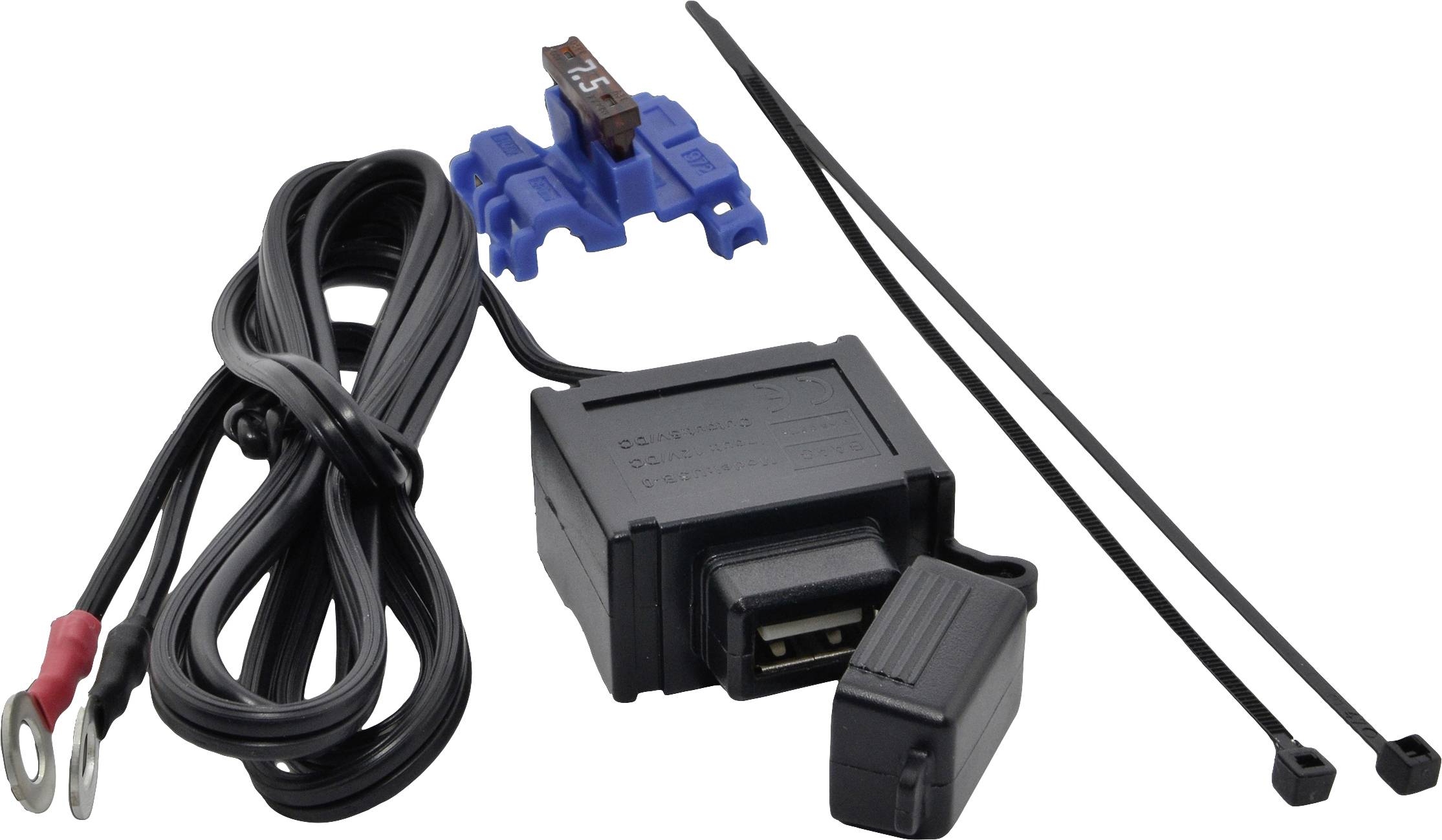 Een OBD-II-adapter met kabel, blauwe zekeringhouder, zekering en twee kabelbinders voor diagnose en analyse van voertuiggegevens.