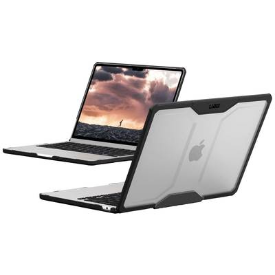Laptop met beschermbehuizing, licht geopend. Het scherm toont een zonsondergang met een kleine, bewegende silhouet.