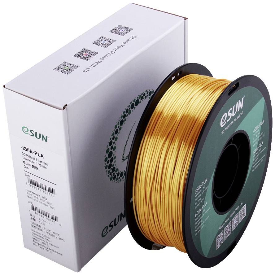 Een spoel met gouden 3D-printer-filament van het merk eSUN staat voor een witte productverpakking.