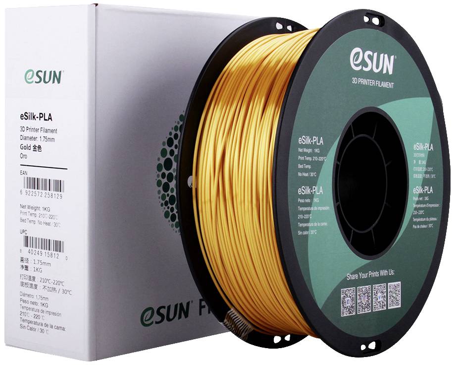 3D-printfilament van eSUN in goudkleur, gepresenteerd op een rol. Verpakking op de achtergrond toont technische specificaties.