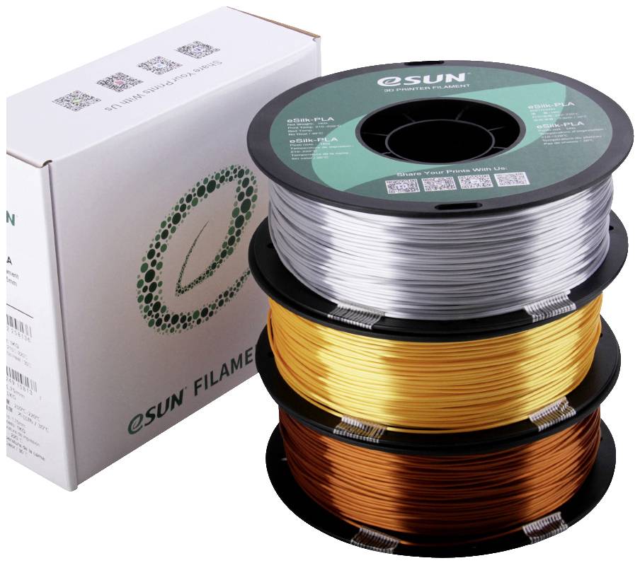 Drie rollen eSUN filament in zilver, goud en koper staan gestapeld naast een eSUN verpakkingsdoos, ideaal voor 3D-printers.