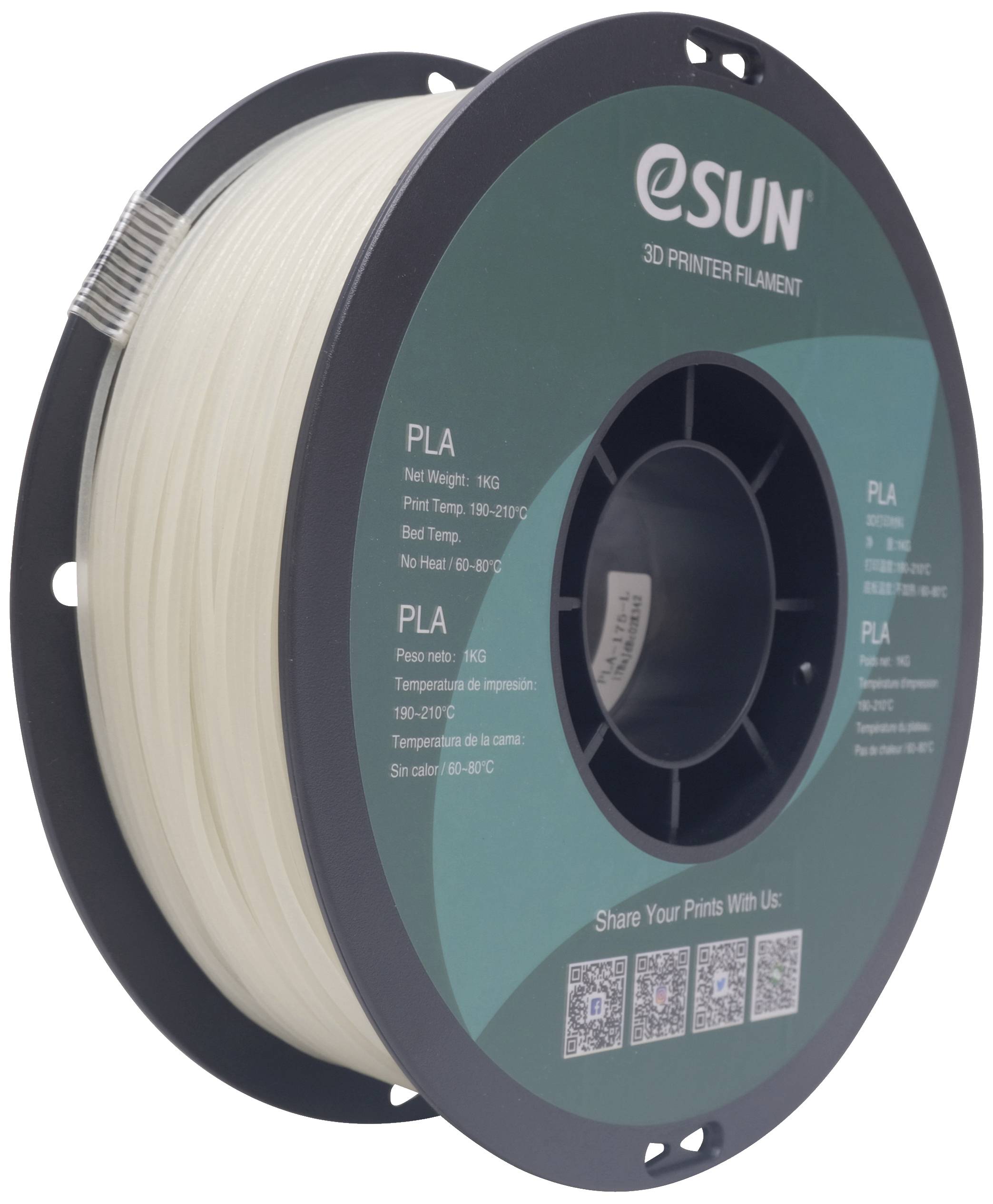 Spoel met wit 3D-printer filament van het merk eSUN, PLA, netto gewicht 1 kg, geschikt voor afdruktemperaturen tussen 190-230 °C.