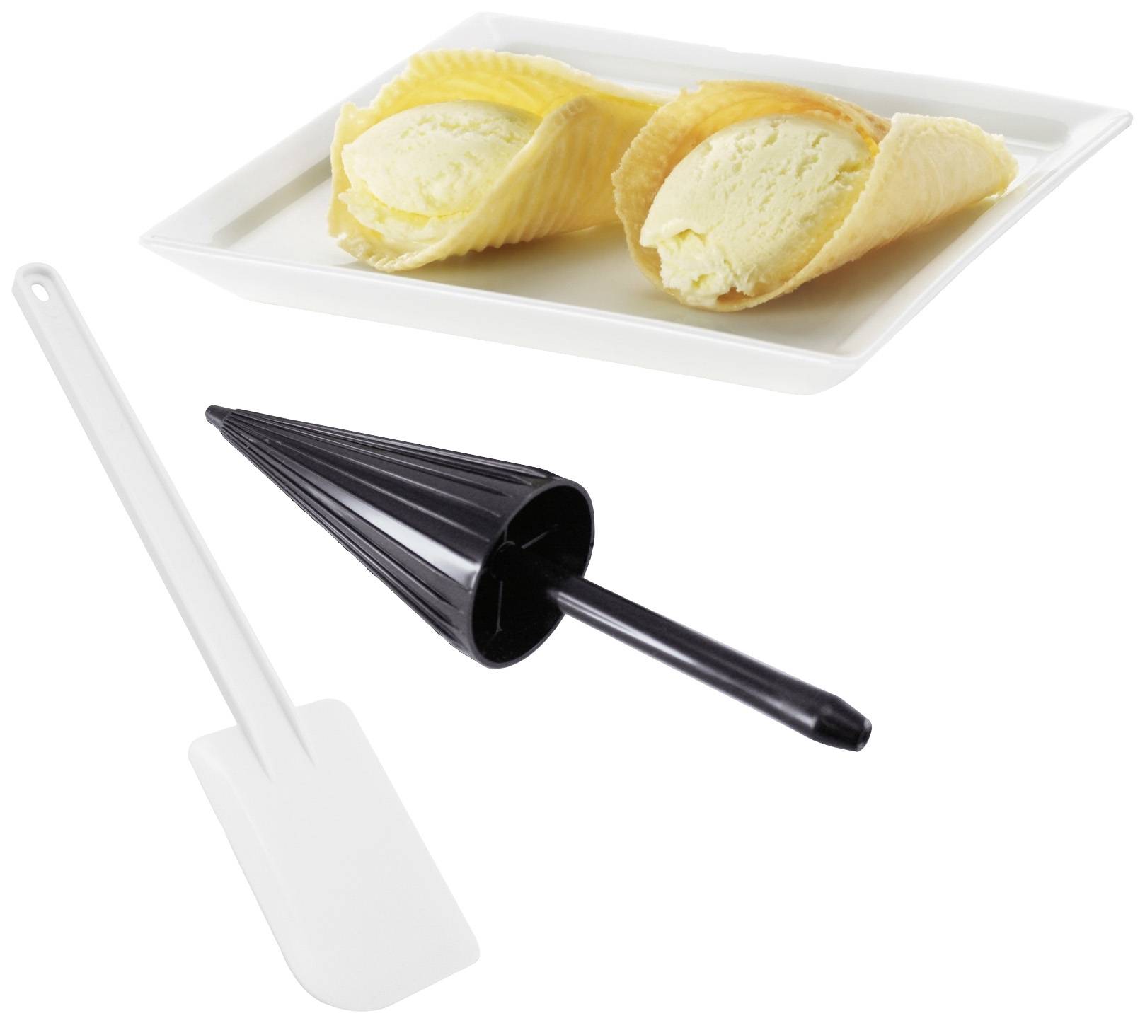 Een rechthoekig bord met twee rolletjes ijswafel. Daaronder een zwart kegelvormig gereedschap en een witte spatel.