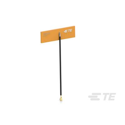 Flexibele PCB-antenne van TE Connectivity met zwarte kabel en goudkleurige aansluiting op oranje achtergrond.