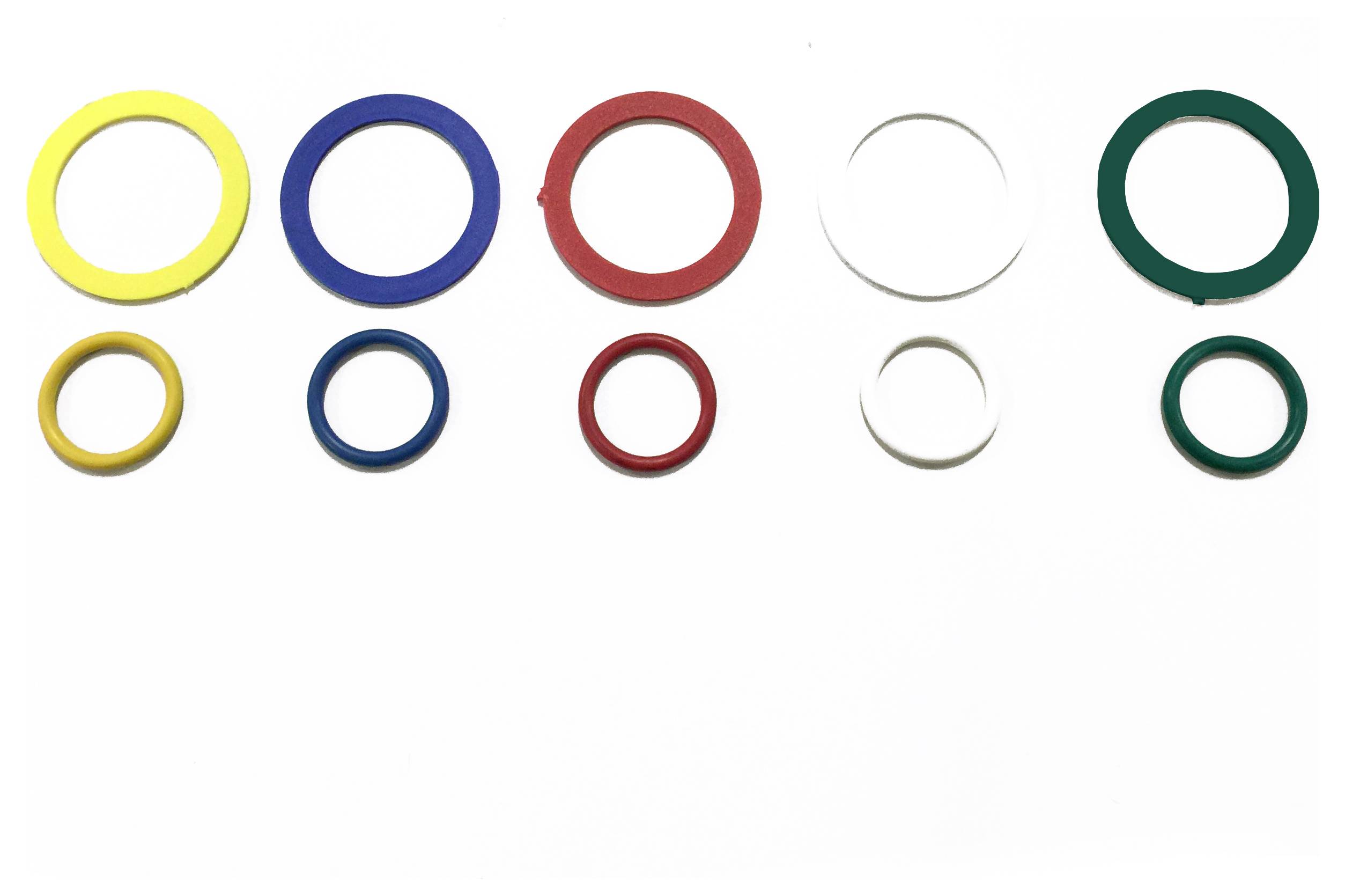 'Gekleurde rubberringen in verschillende maten en kleuren, waaronder geel, blauw, rood en groen, gerangschikt in drie rijen op een witte achtergrond.'