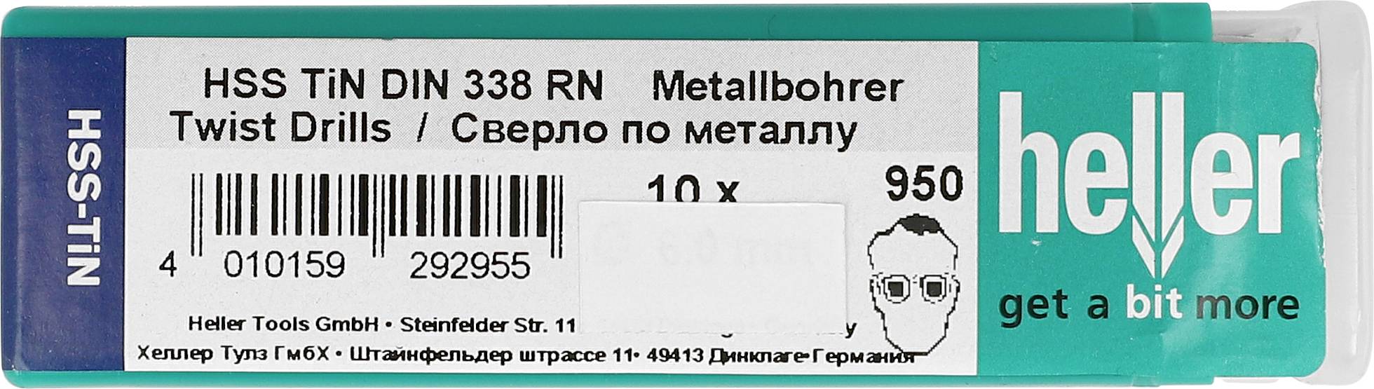 Heller HSS-TIN metaalboorbit set verpakking, gelabeld 'HSS TiN DIN 338 RN Metallbohrer', 10x, met productcode en merklogo.
