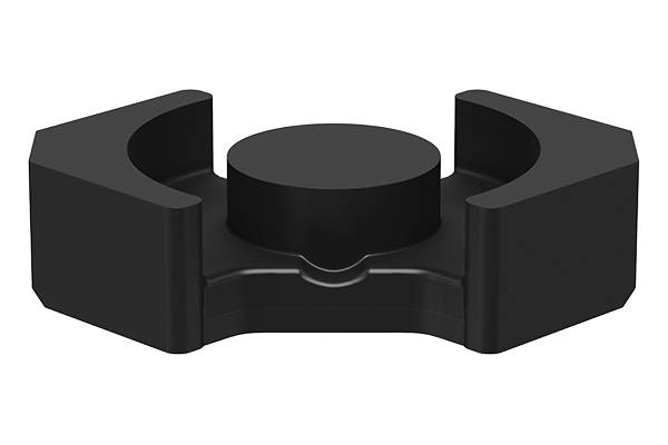 Zwart, U-vormig kunststof onderdeel met centrale, ronde uitstulping, waarschijnlijk een bevestigingsonderdeel.