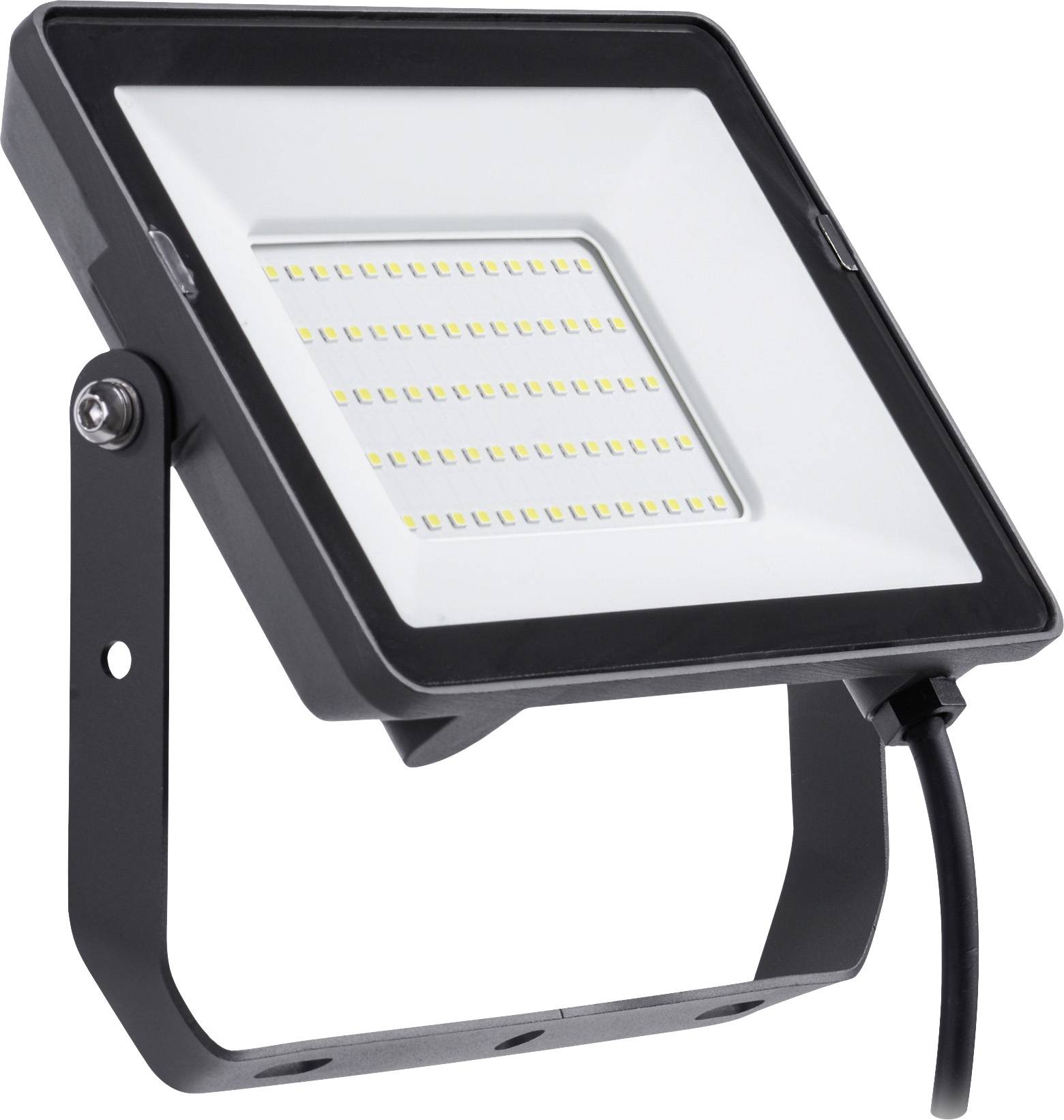 Een LED-schijnwerper met een rechthoekig behuizing en talrijke LED's in een rastermatig patroon. Gemonteerd op een verstelbare beugel.