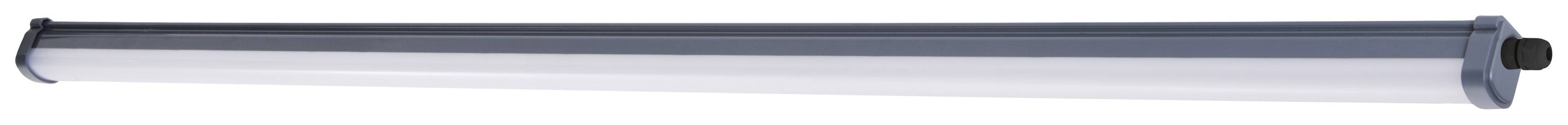 Lange, smalle LED-lamp met een grijs behuizing, geschikt voor plafond- of wandmontage in binnenruimtes.