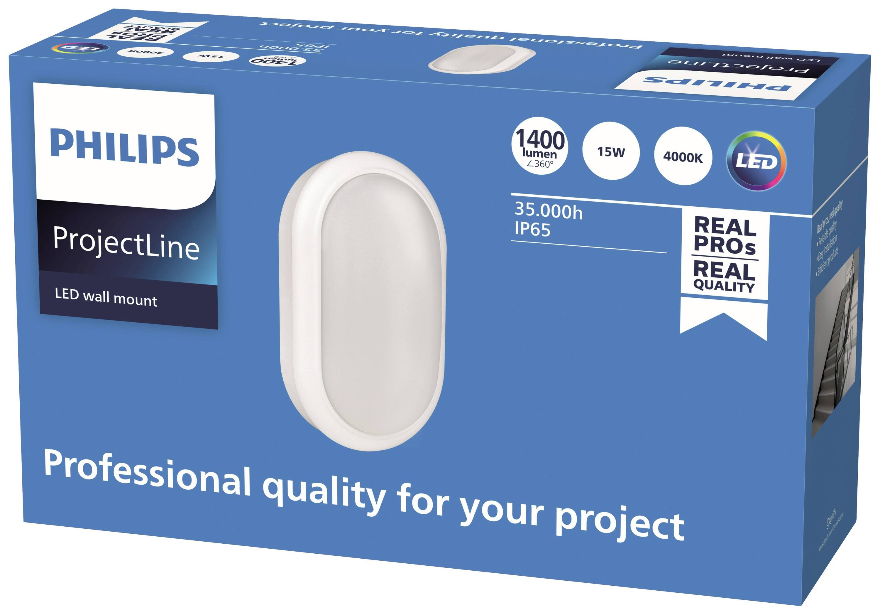 Verpakking van een Philips LED-wandlamp 'ProjectLine'. Details: 1400 Lumen, 15W, 4000K, IP65, 35.000 uur levensduur.