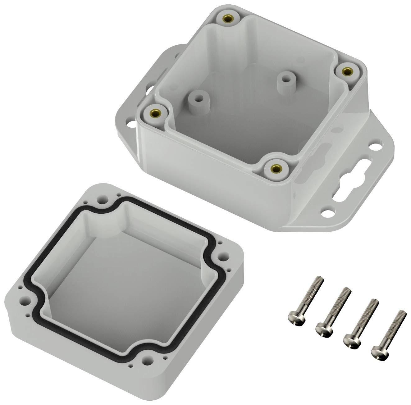 Geopende grijze kunststof doos met afneembaar deksel, afdichting en vier schroeven, geschikt voor wandmontage.