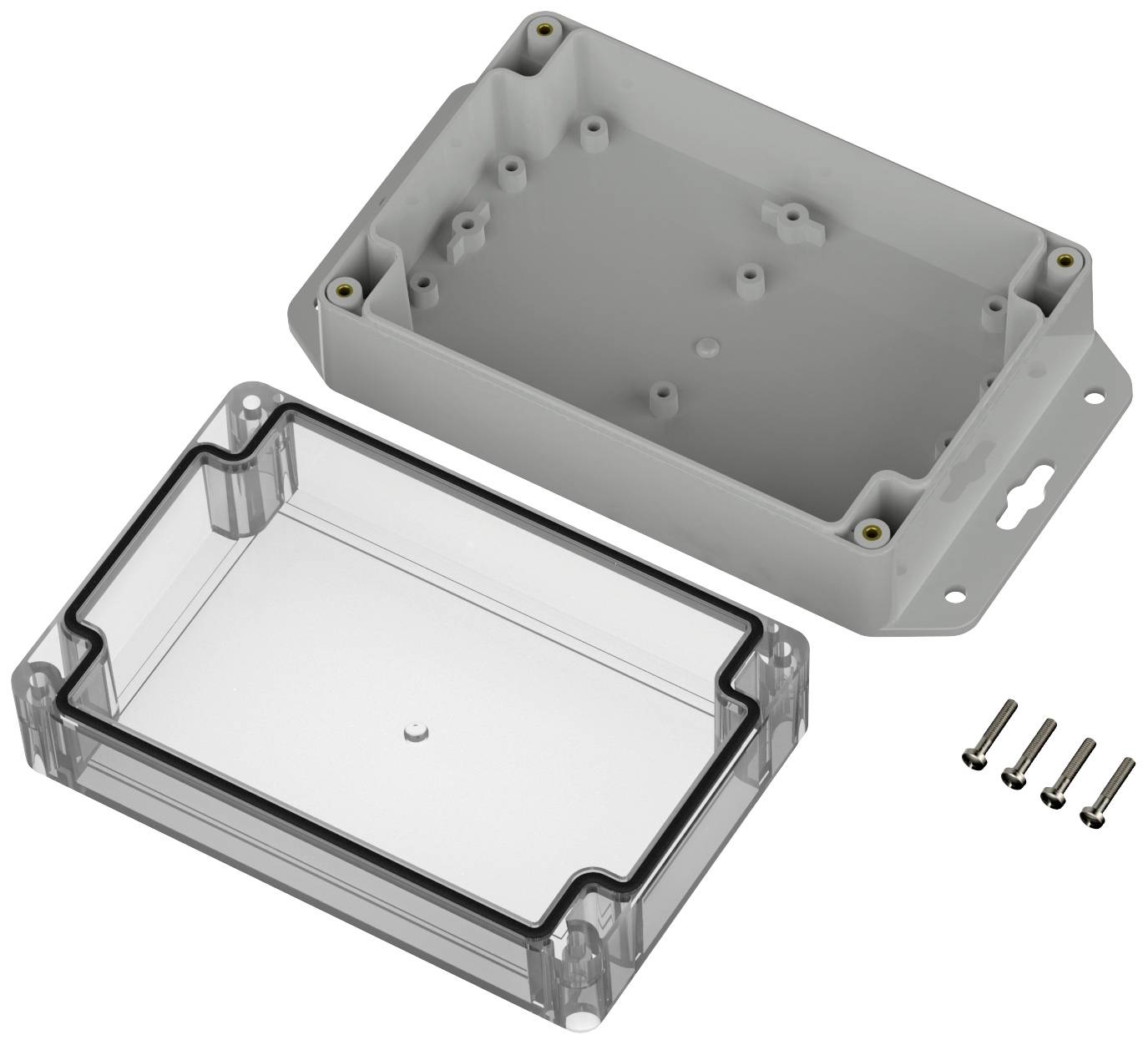 Plastic doos met afneembare, transparante deksel, vier schroeven ernaast. Potentieel voor elektronische componenten.